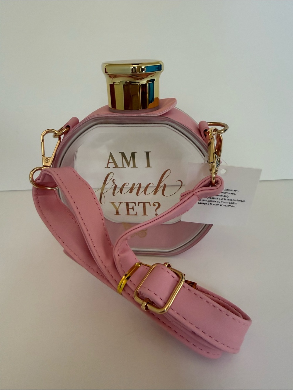 Pink 'Am I French Yet?' Clear Crossbody Bag drink tumbler with Gold Accent